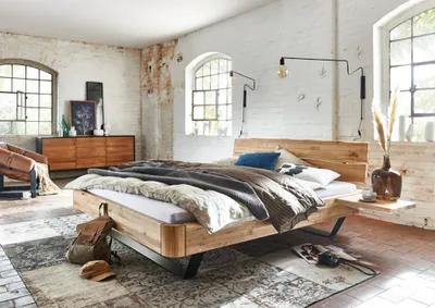 Produktbild von Bett Bröndby 200x200 cm Wildeiche Bianco massiv mit Kopfteil und Metallkufen