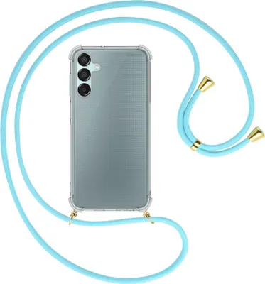 Produktbild von Handykette Backcover-Schutzhülle mit Band (Metall goldfarben) für Samsung Galaxy M15 / F15 5G - himmelblau