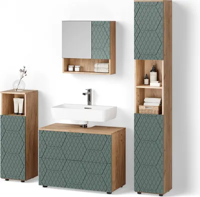Produktbild von Badmöbel-Set Livinity Ronco Grün/Goldkraft Eiche 4 Teile, mit Schubladenschrank und Hochschrank, Model 52938