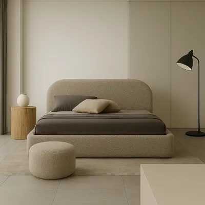 Produktbild von GUTTO Čalúnená posteľ MOON krém 160x200 drevený lamelový rám Vysoko kvalitná posteľ Boucle Teddy Fabric bez posteľného boxu a úložného priestoru