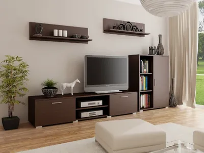 A modern living room with a TV stand, TV, and shelving unit.