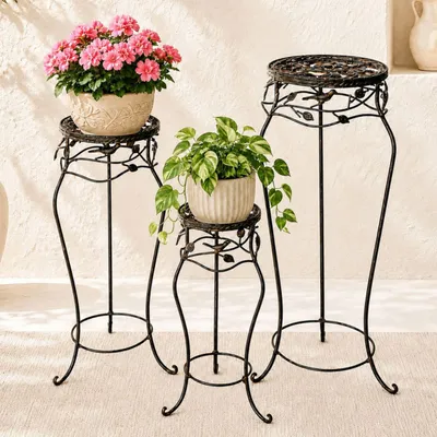 Image de Tabouret de fleur Métal Noir Rond Set de 3 52 cm / 65 cm / 78 cm Support de fleur 18215 Colonne de fleur Antique Support de plante Tabouret de plante Vintage