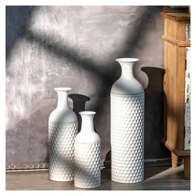 Produktbild von Große Bodenvase Weiß: 68/51/41 cm Hohe Metall Bodenvasen Set von 3 Extra großen Bodenvasen für Pampasgras Moderne Bodenvase mit Wabenstruktur für Wohnzimmer Kamin Flur Büro