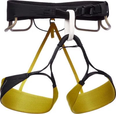 Schwarzer Klettergurt "Zone Harness" von Black Diamond mit gelben Akzenten und verstellbaren Beinschlaufen.