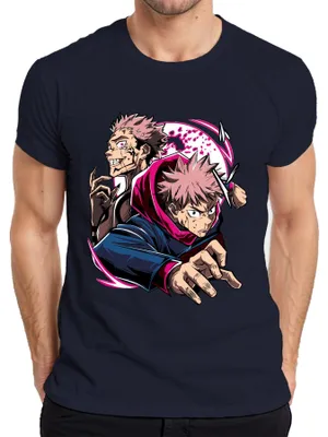 Productafbeelding van Jujutsu Kaisen, T-shirt voor heren, met afbeelding van Yuji Itadori en Sukuna, anime, actie, fanartikel, marineblauw, maat M