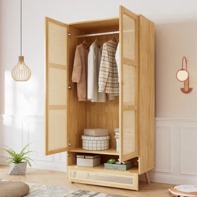 Produktbild von Flieks Kleiderschrank Garderobenschränke mit Stange, Schrank Garderobe mit Flip-Top-Deckel, Rattan 2-türig Schrank mit Schublade, Naturbelassen