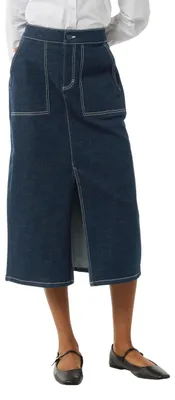 Produktbild von Comma Damen Jeansrock Dunkelblau mit sichtbaren Fronttaschen und Kontrastnähten