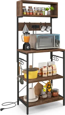 A kitchen baker's rack filled with various kitchen items.