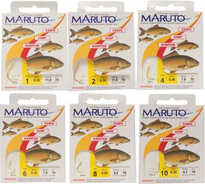 Produktbild von Maruto Karpfenhaken gebunden goldfarben 70cm, Größe/Tragkraft/Durchmesser/Inhalt:Gr.10/4.1kg/0.20mm/10 Haken pro Packung