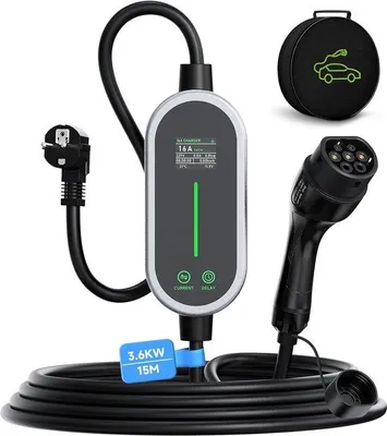 Obrázek produktu pro Nabíjecí kabel typu 2, délka 15 metrů, pro elektromobily - mobilní nabíjecí stanice s výkonem 3,6 kW - zástrčka Schuko - přenosná nabíječka pro elektromobily s nastavitelným proudem
