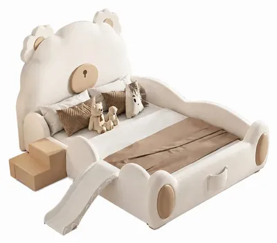 Image de Lit beige pour enfant avec escalier et toboggan, idéal pour les filles. Lits pour enfants