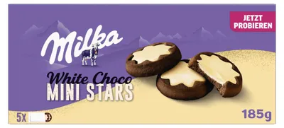 Zdjęcie produktu dla Ciasteczka kakaowe Milka Mini Stars z białym czekoladowym nadzieniem, opakowanie 185 g
