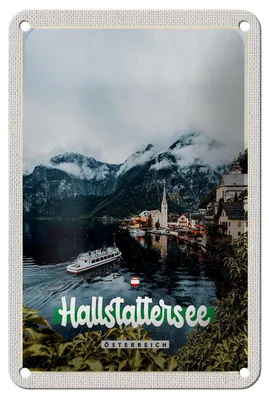 Produktbild von Blechschild Reise 12x18cm Hallstättersee Berge Schiff Boot Berg Schild