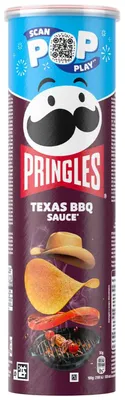 Produktbild von Pringles Texas BBQ, Kartoffelchips, 185 g, Spicy, Tomate, Kartoffelpüreepulver, Sonnenblumenöl, Weizenmehl, Maismehl, Reismehl, Barbecue-Würzmischung..., Dose