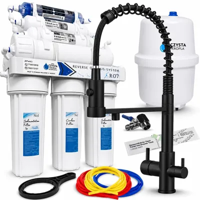 Produktbild von Wasserfilter Set RO7 mit 3-Wege Küchenarmatur Ari Solid Spring Schwarz Matt, 7-stufige Osmoseanlage, Mineralisierung
