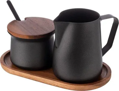 Imagen del producto de Juego de recipientes para azúcar de leche, madera de acacia, acero inoxidable, color negro, de 5 piezas