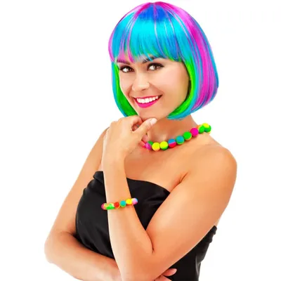 Produktbild von Folat Perücke im Bob-Schnitt, leuchtende Neon-Multicolor-Farben für Fasching & Karneval
