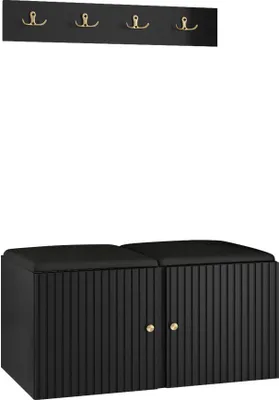 Produktbild von MIRJAN24 Garderoben-Set Orion Ryfel Slim VI, Schuhschrank, Kleiderhakenbrett, 2x Sitzpaneel 42x42, Metallgriffe, 4 Kleiderhaken (Farbe: Schwarz, Soft 011)