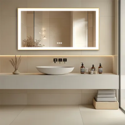 Zdjęcie produktu dla WISFOR Lustro łazienkowe LED ze złotą aluminiową ramą 140x70 cm, lustro ścienne z przełącznikiem dotykowym, ściemniane przeciwmgielnie do makijażu w łazience i sypialni