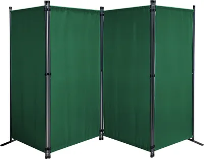 A green, four-panel room divider is shown against a white background.