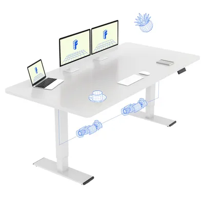 A white adjustable standing desk with dual monitors, a laptop, a coffee cup, and wireframe diagrams of mechanical components.