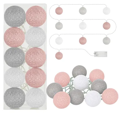 Produktbild von LED Lichterkette Baumwolle Ball Dekolichter Girlande 10 Kugeln Warmweiß Weiß Grau Rosa Batteriebetrieben 210 cm