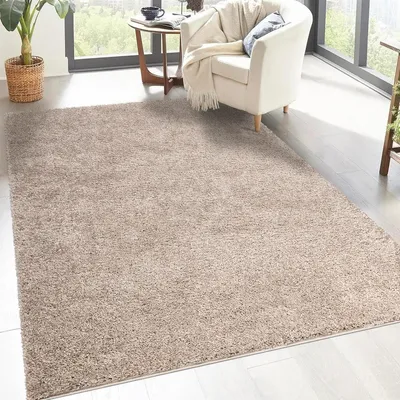 Productafbeelding van Pluizig hoogpolig tapijt - zandkleur beige - 200 x 200 cm