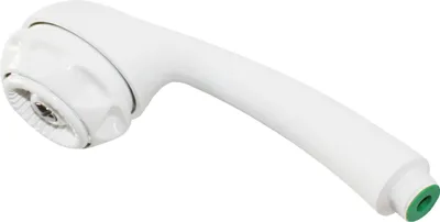 A white hand shower head with a green connector on a white background.