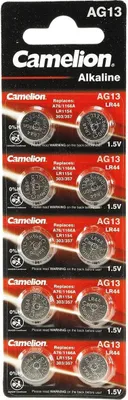 A blister pack of Camelion AG13 alkaline button cell batteries.