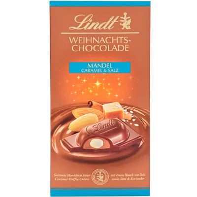 Zdjęcie produktu dla Świąteczna czekolada Lindt z nadzieniem migdałowo-karmelowo-solnym 100g