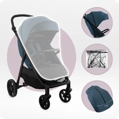 Produktbild von MoMi CLARA – Buggy ab Geburt, bis 22 kg, mit 4-Rad-Federung, Drehbügel & verstellbarem Schiebegriff, inkl. Tasche & Regenschutz – Blau