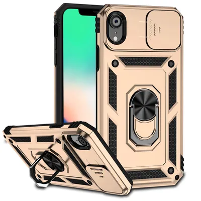 Obrázek produktu pro Pouzdro pro iPhone XR dvouvrstvé pouzdro s posuvným krytem kamery a prstencovým stojánkem Zlato