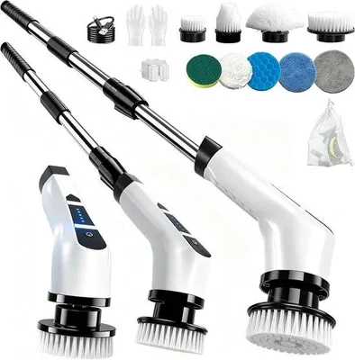 Produktbild von Rotierende Reinigungsbürste – Elektrische Reinigungsbürste – Für schnelle Reinigung – 9 austauschbare Bürstenköpfe – 70-100 cm – Weiß