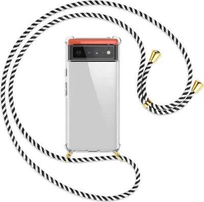 Produktbild von Handykette Backcover-Schutzhülle mit Band (Metall goldfarben) für Google Pixel 6 - schwarz/weiß gestreift