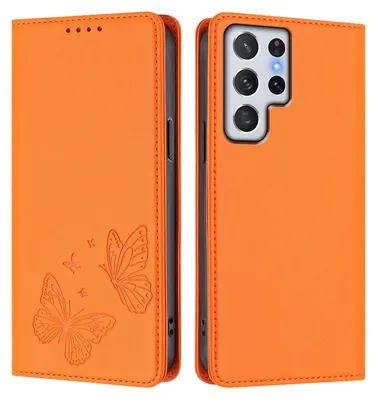 Image de Étui en cuir pour Samsung Galaxy S22 Ultra 5G, motif papillon, étui portefeuille à rabat avec support, orange