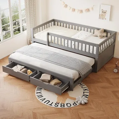 Productafbeelding van Massief houten slaapbank 90x200 cm in grijs, met beschermroede, uitschuifbaar bed en 2 lades. Geschikt als bed met lattenbodem voor kinderkamers, tienerkamers of logeerkamers