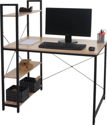 Zdjęcie produktu dla Biurko z półką HWC-K81, stolik pod laptopa biurko stół do pracy, 100x60cm metal drewno ~ natura