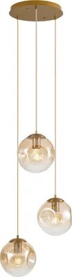Produktbild von QAZQA - Art Deco Art Deco Hängelampe I Pendellampe I Pendelleuchte Messing mit bernsteinfarbenem Glas 3-flammig-Lichter - Douglass I Wohnzimmer - Länglich I Kugel I Kugelförmig - LED geeignet E27