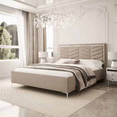 A modern bedroom with a large bed, nightstands, and a chandelier.