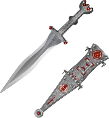 Produktbild von Römerdolch mit verzierten Griffelementen und silberner Scheide