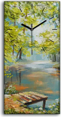 Produktbild von Leinwand Wanduhr Wandkunst Uhr Quarz 30x60 Ölgemälde Wald Bäume Fluss Natur - schwarze Hände