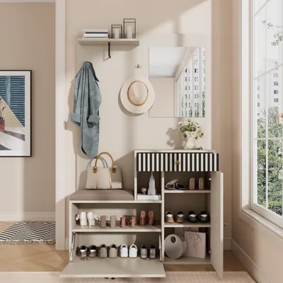 Immagine prodotto di MODFU Set per corridoio, corridoio compatto con specchio e scarpiera, corridoio a pannelli con ripiano e seduta imbottita, beige + crema
