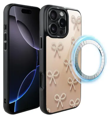 Zdjęcie produktu dla Etui do iPhone 16 Pro, kompatybilne z MagSafe, czarne matowe boki, kokardki z pereł