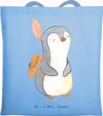 Produktbild von Mr. & Mrs. Panda Tote Bag Pinguin Ausflug - Sky Blue - Geschenk, Reisen, Jutebeutel, Einkaufstüte, Laptoptasche, Ausflugsziele, Schultasche, Ausflüge machen, Tasche