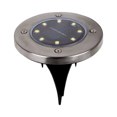 A solar-powered garden light with multiple LEDs and a metal casing.