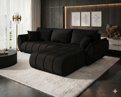 Image de Canapé d’angle SYDNEY PREMIUM droit noir velours Monolith 97 - fonction couchage, coffre de rangement pour la literie