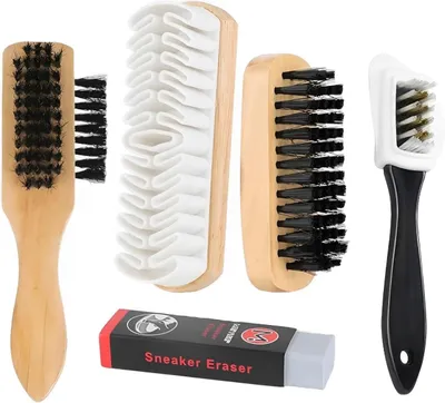 Imagen del producto de Juego de cepillos para zapatos, que incluye: 1 cepillo para gamuza, 2 cepillos para zapatos, 1 cepillo de ante de 4 lados, 1 goma de borrar para zapatillas y productos de limpieza