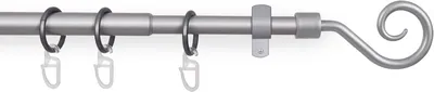 A silver curtain rod with rings and a decorative scroll end, shown against a white background.