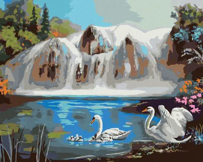 Produktbild von Zuty - Malen nach Zahlen - SCHWÄNE AUF EINEM SEE UND WASSERFALL (D. RUSTY RUST), 40x50 cm, ohne Keilrahmen