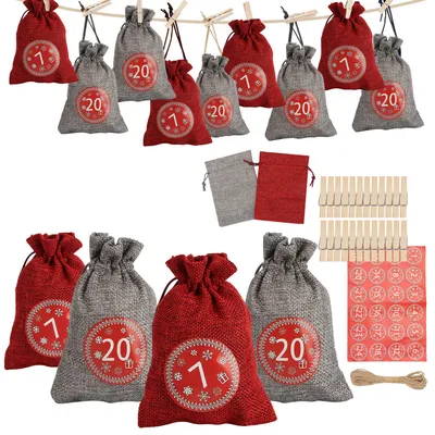 Produktbild von Eikuavons Adventskalender Beutel 24 Stück mit Nummernstickern, befüllbare Stoffbeutel für DIY Weihnachtsdeko und Geschenke